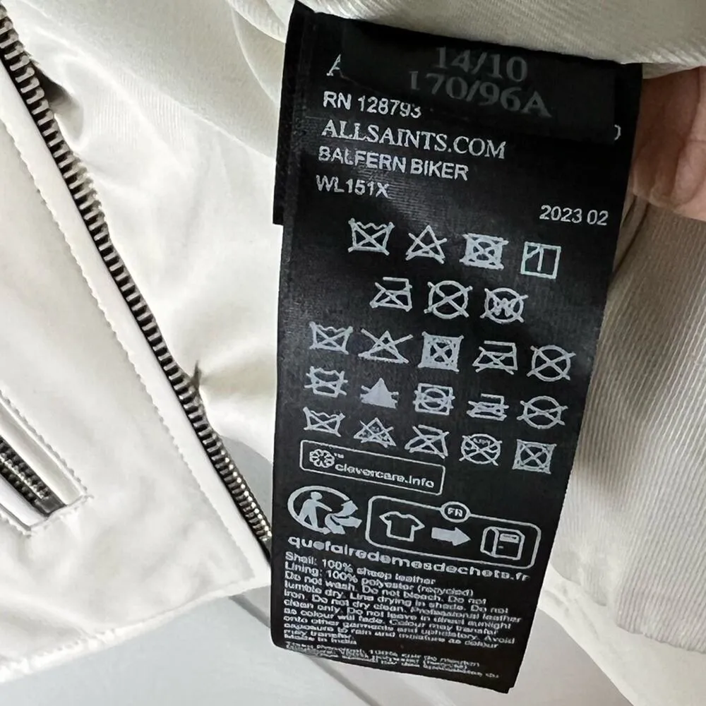 All Saints Leather Biker Balfern Belted Hem Zip Up Long Sleeve Jacket Ivory 10 - Image 10