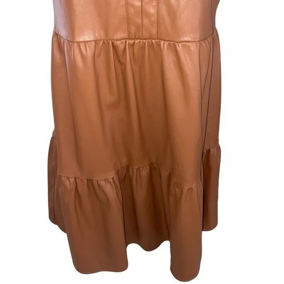 Skies Are Blue Faux Leather Tiered Dress | Cognac Brown | Size Medium - Image 10