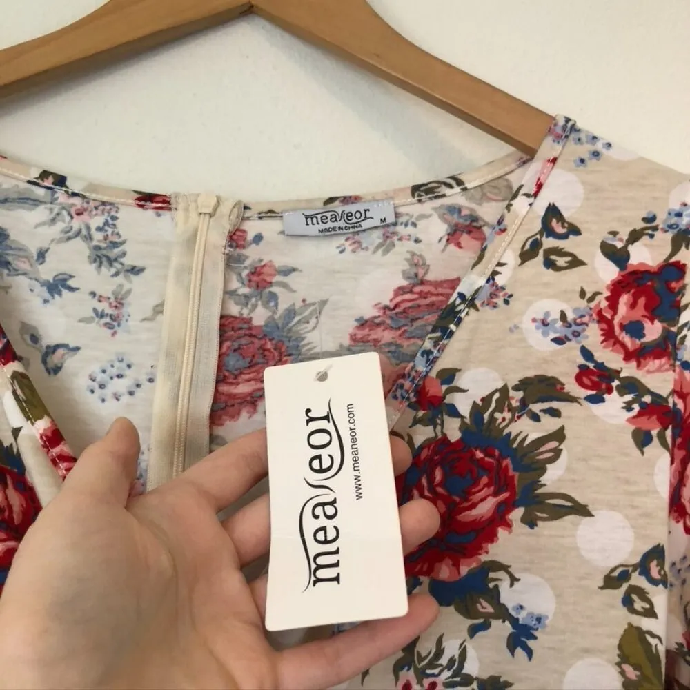 NEW NWT MEAVEOR Beige White Red Blue Floral Polka Dot Faux Wrap Dress Medium M - Image 5