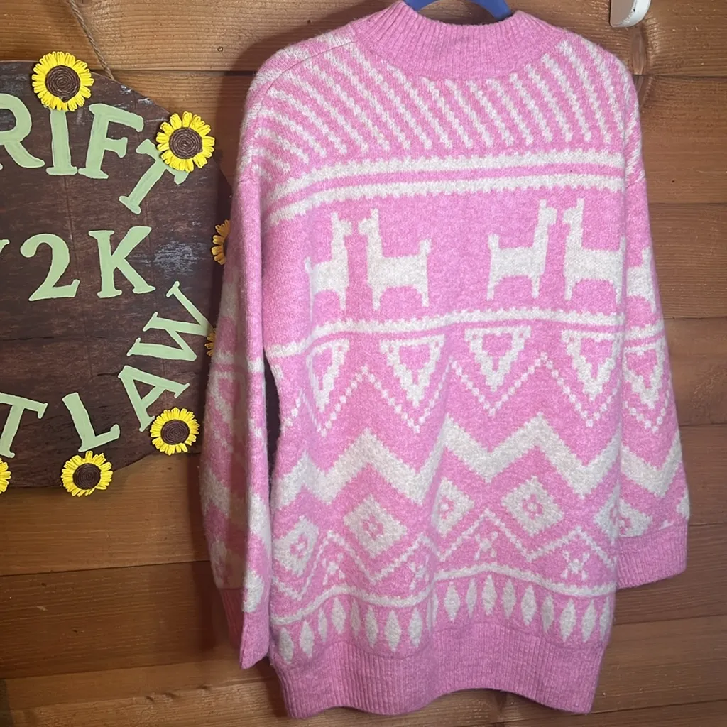 H&M MAMA LLAMA JACQUARD Knit Pink Sweater Holiday Wool Oversize Maternity Cozy - Image 4