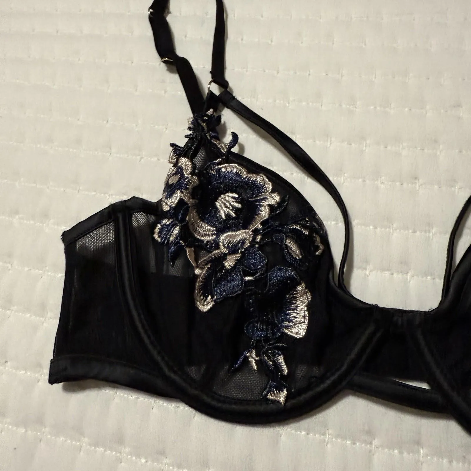 Bluebella Mesh Floral Cage Bra Black Blue Size 32C Strappy Flower Applique - Image 6
