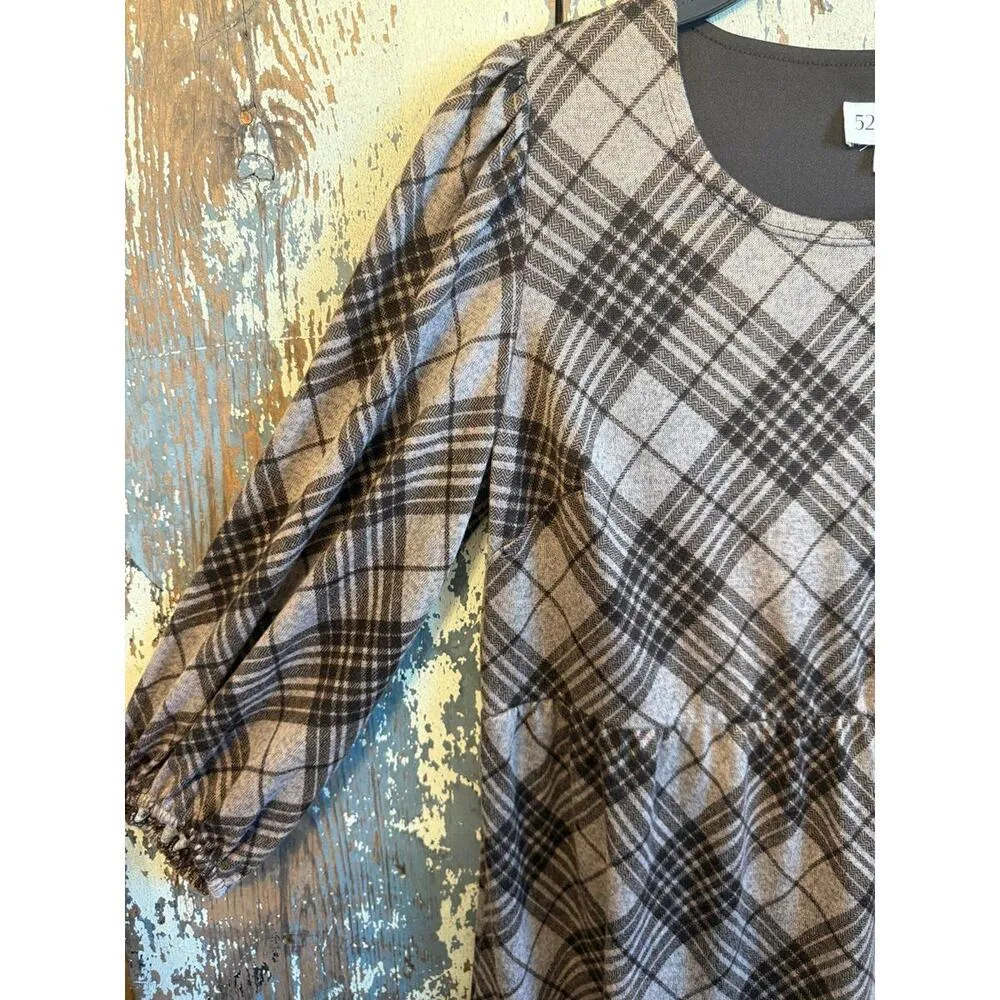 NWT 52 Seven Plaid Soft Babydoll Dress Ballon Sleeves Ruffle Hem SMALL Brown - Image 3