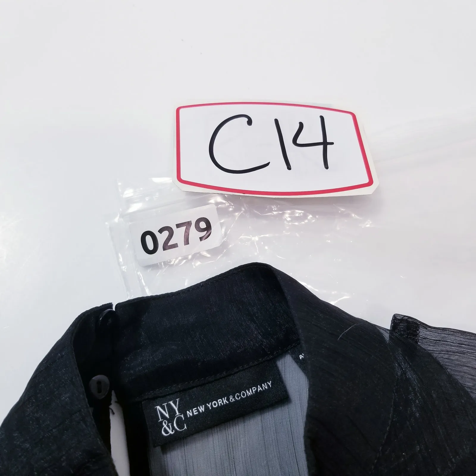 New York & Company Plaid Ruffle Blouse Keyhole Illusion Neckline Sheer Sleeves Black - Image 14