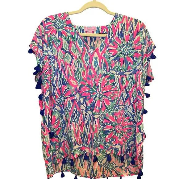 Lilly Pulitzer Women‎ XS Top Tunic Short Sleeve Sydney Caftan Pink Blue Tassels - Image 7