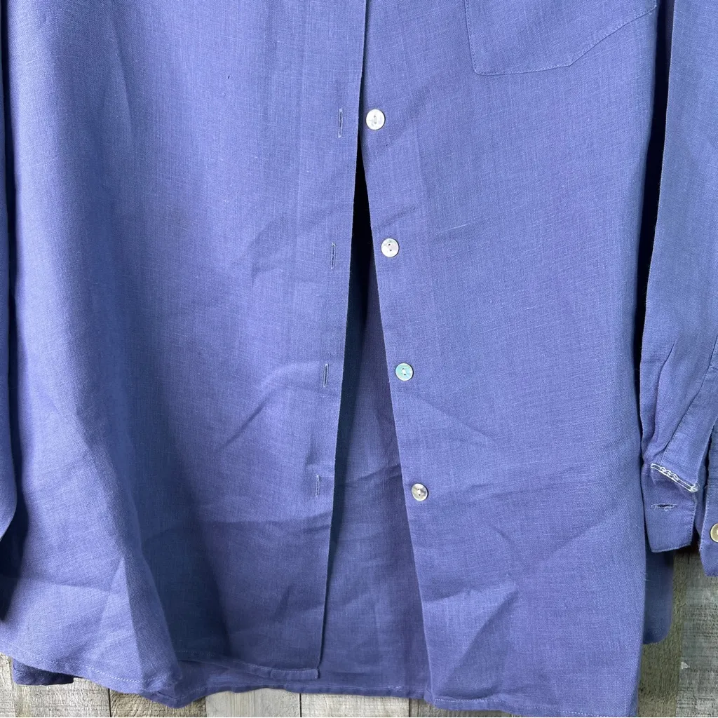 Saks Fifth Avenue Folio Collection Size 22 100% Linen Blue Button Long Sleeve - Image 4