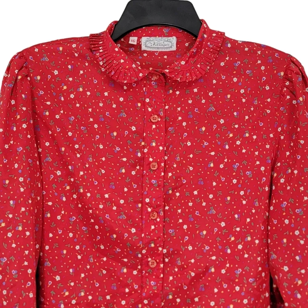 The Villager VTG Red Mini Floral Print Button Down Long Sleeve Women's Size 16 - Image 2