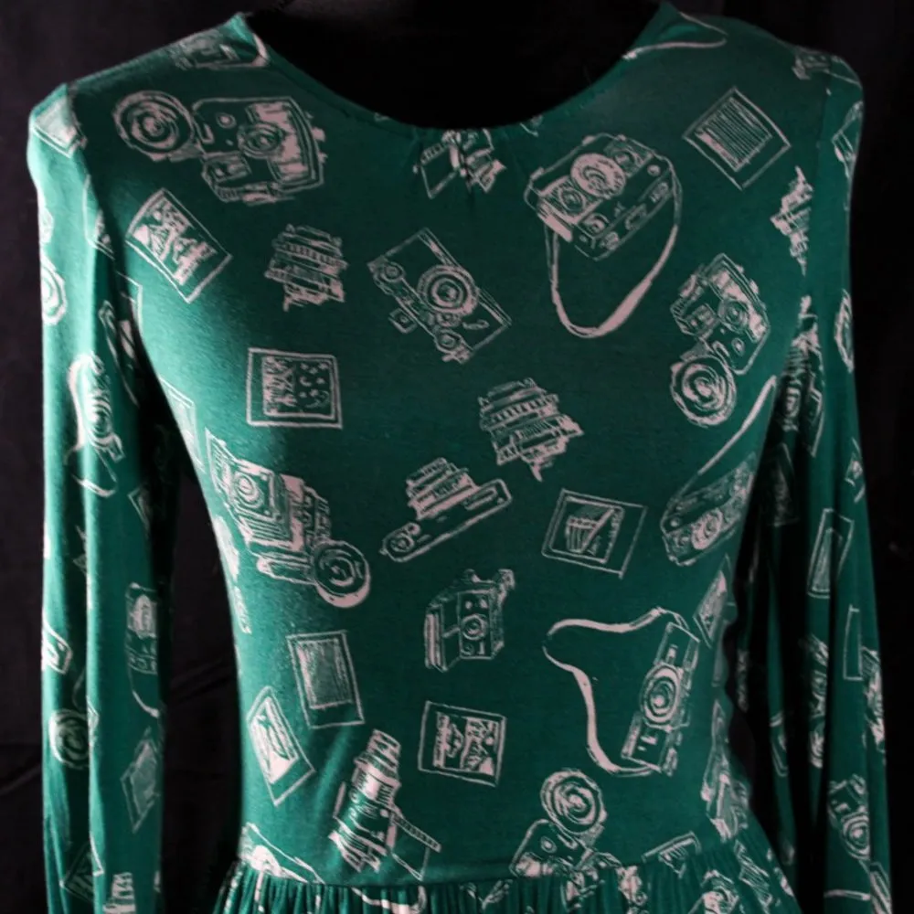 Teal Mod Cloth Camera Dress Long Sleeve Babydoll Midi Dress - Image 4