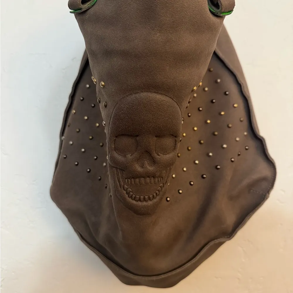 GIANNI NOTARO GRAY ITALIAN LEATHER SKULL FACE BAG METAL STUDS RIVETS - Image 10