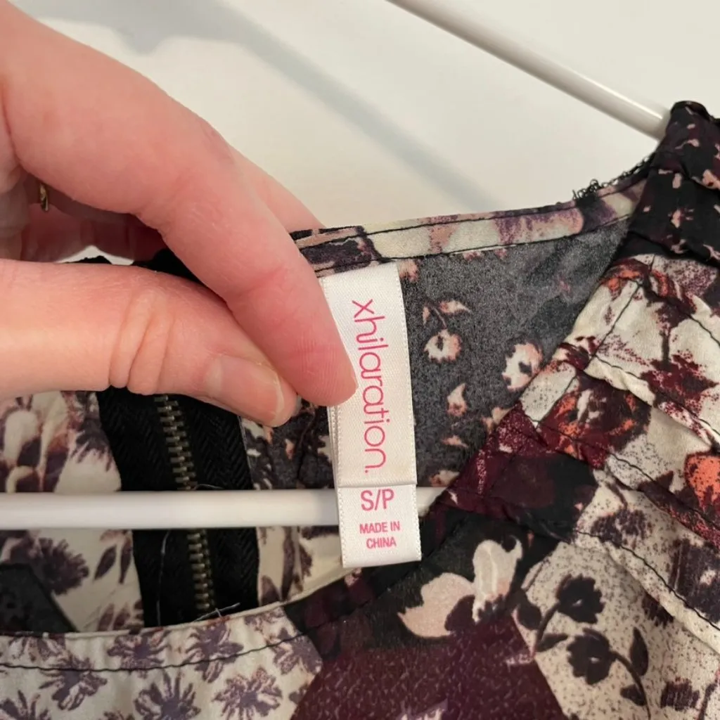 XHILARATION Cream Ivory Black Pink Floral Geometric Patchwork Long Sleeve Blouse - Image 5