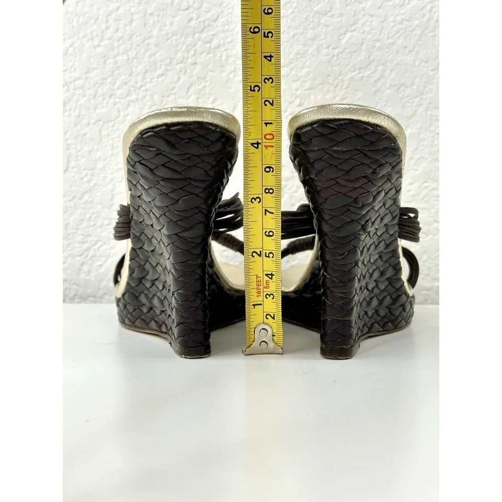 MICHAEL KORS Leather Wedge Sandals Woven Strappy Slip-On Heels Sz 7 6.5 Vintage - Image 9
