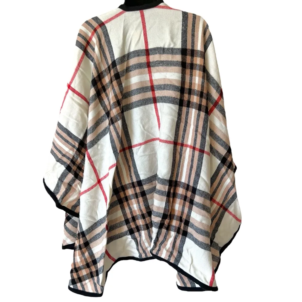 V.FRAAS Ivory/Black/Tan/Red Plaid Flannel Poncho Wrap Black - Image 5