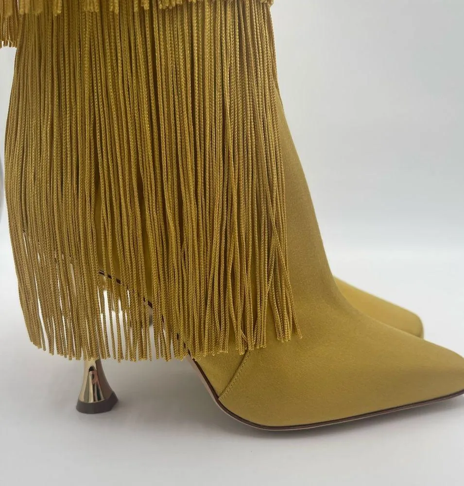 MANOLO BLAHNIK FLEQUILLOHI Yellow Satin Fringe Detail Knee High Boots 105mm - Image 8