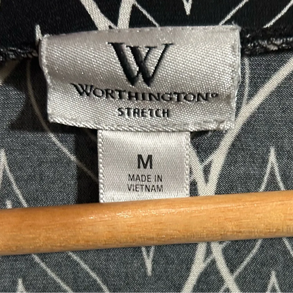 Worthington Stretch Puff Sleeve Medium Black White Geometric Career Blouse Top - Image 3