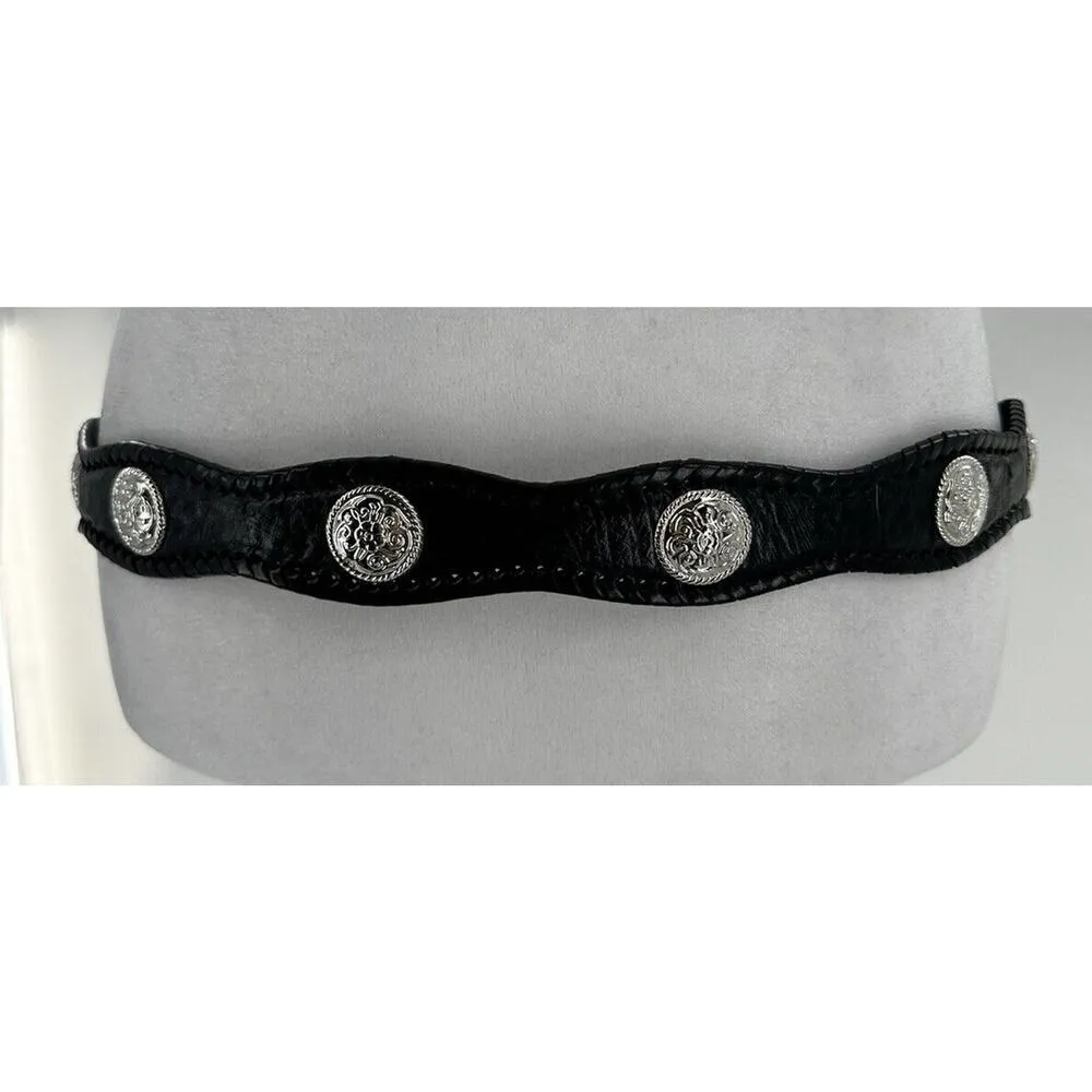 Leather Concho Belt Women’s Sz 38 Silver Buckle Flower Rodeo Cowgirl Western​ Black - Image 4