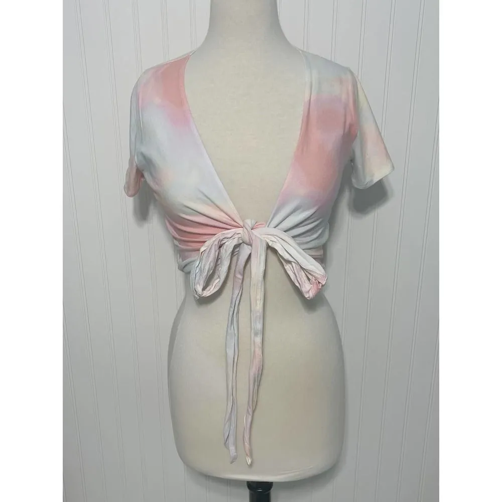Hollister Tee Shirt Baby Tee Crop‎ Top Pastel Tie Dye Wrap Front Pink Blue Large - Image 2