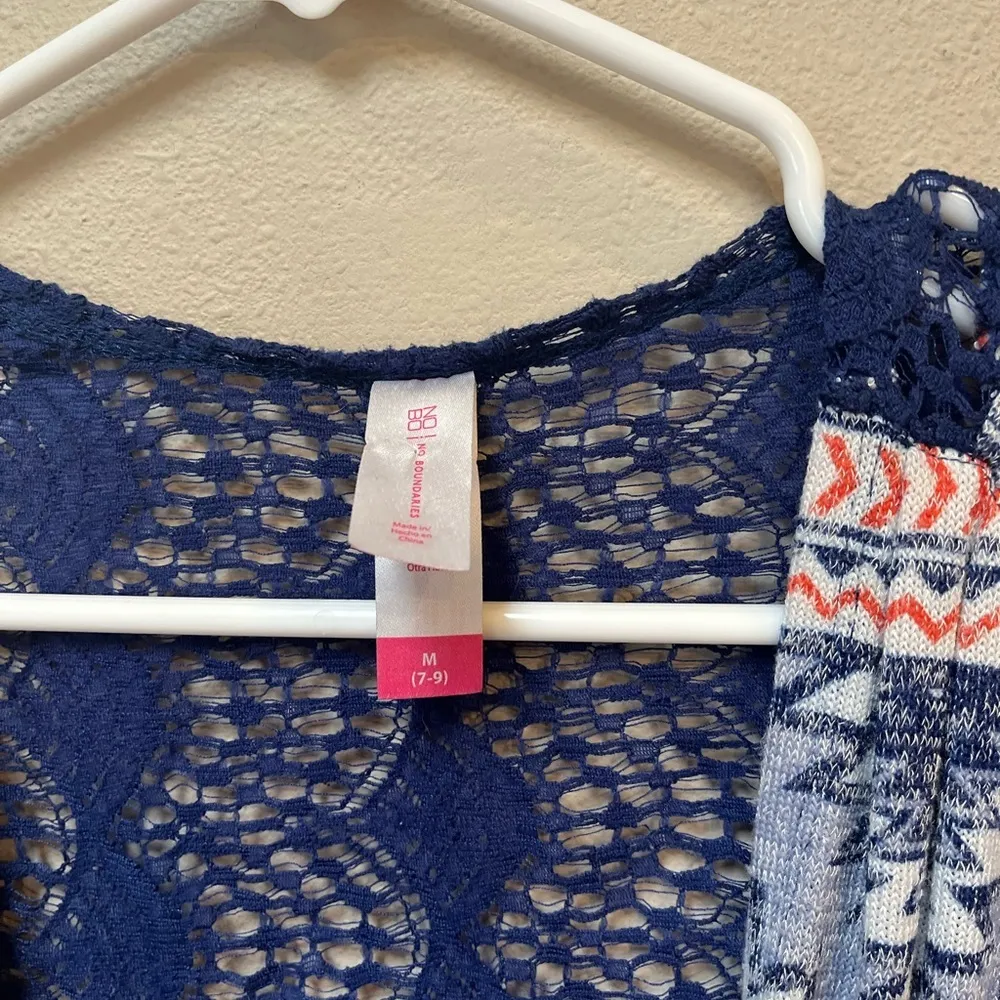 No Boundaries Juniors Navy Blue Coral Aztec Crochet Back Boho Sweater Cardigan M - Image 7