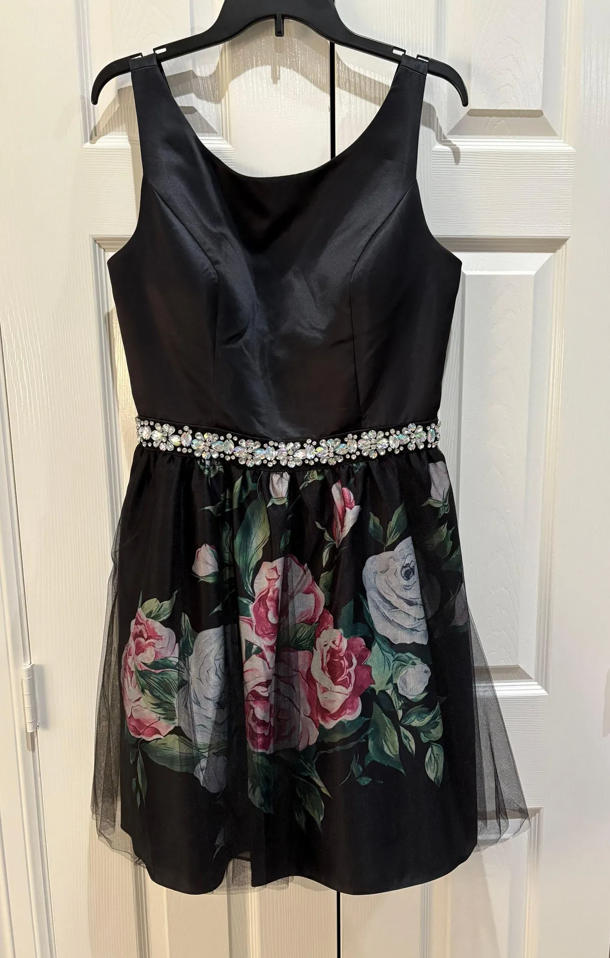 Black Satin With Floral Underlay Formal Dress - Image 2