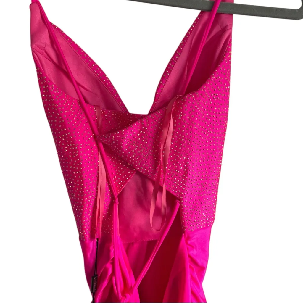La Femme Rhinestone Plunge Neck Gown Neon Pink 4 Formal‎ Prom Strappy 30601 - Image 12