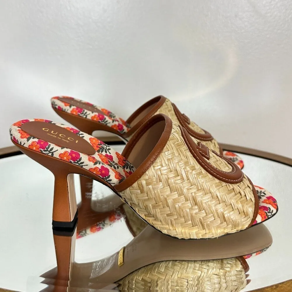 GUCCI Mabel Leather-trimmed Raffia Mules in Beige Size 8.5US / 38.5EU - Image 7