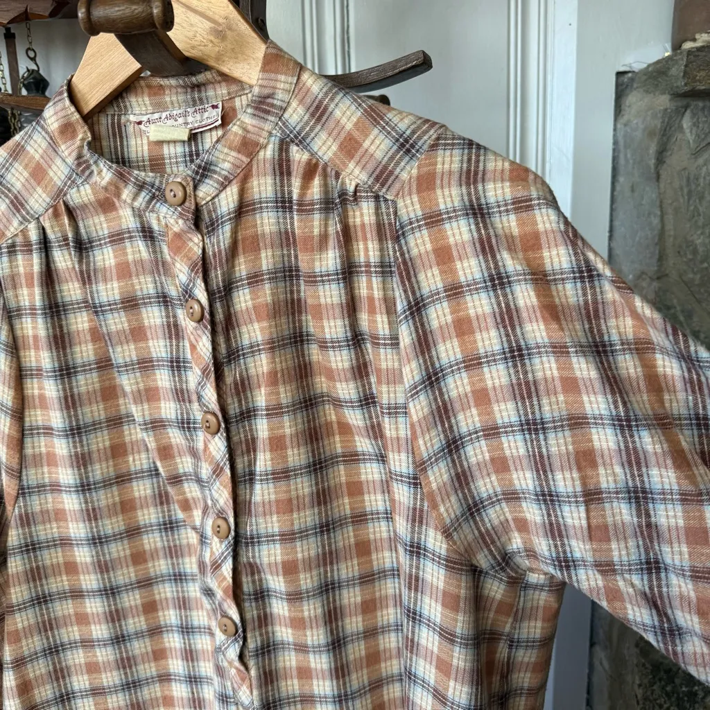 Vintage Flannel Cotton Plaid Long Sleeve Maxi Dress Brown Size L - Image 3