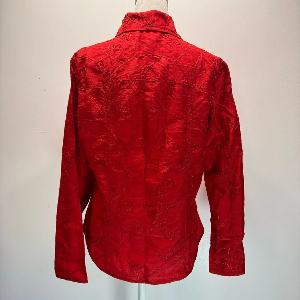 Chico’s Red 100% Silk Alicia Shirt Jacket Button Front w Embroidered Flowers 1/M - Image 7