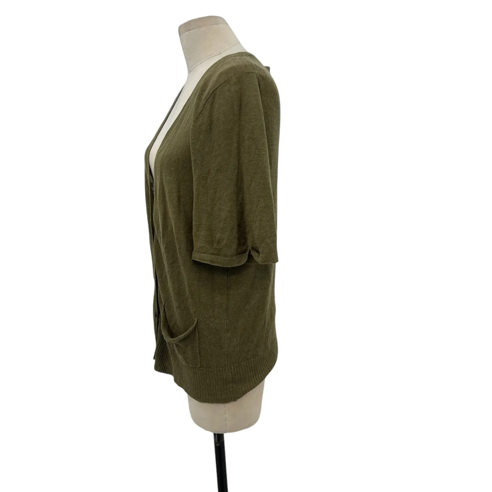 Eileen Fisher Cardigan Sweater Knit Short Sleeve Linen Silk Olive‎ Green Large - Image 5