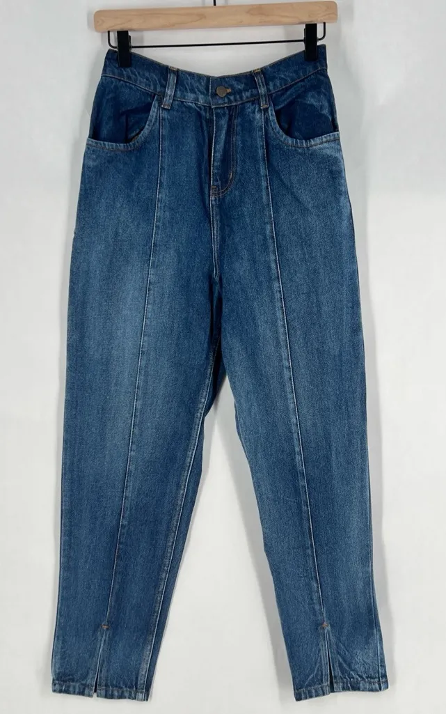 SASSAFRAS Cotton Medium Wash Blue Denim High Rise Seamed Front Split Hem Jeans - Image 1