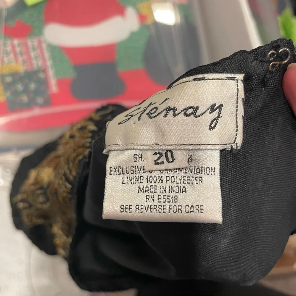 Vintage 80’s stenay black silk short sleeve beaded sequin gold bling leaf dress Size undefined - Image 4