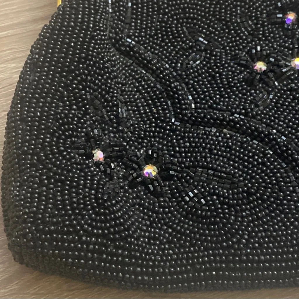 Vintage DeLill Black Beaded Evening Bag Gold Crown Clasp Luxury Elegant Glam - Image 4