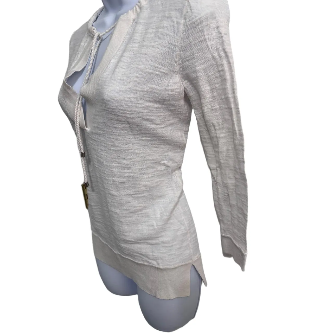 Ann Taylor LOFT White Drawstring VNeck Ribbed Hem Long Sleeve Pullover Top Small - Image 3