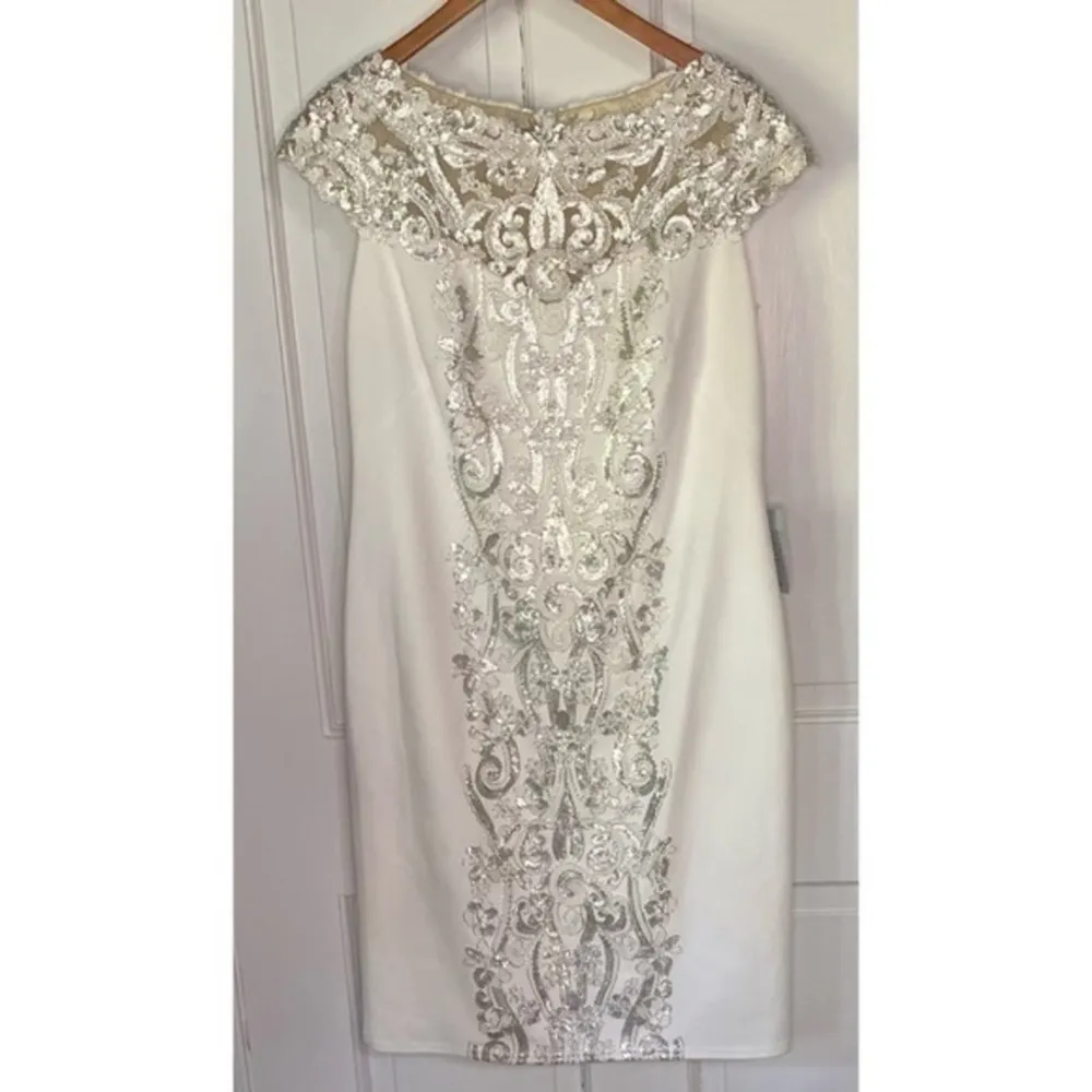 Tadashi Shoji Mayu Sequin Embroidered Silver Ivory Knee Length Formal Dress XL - Image 4