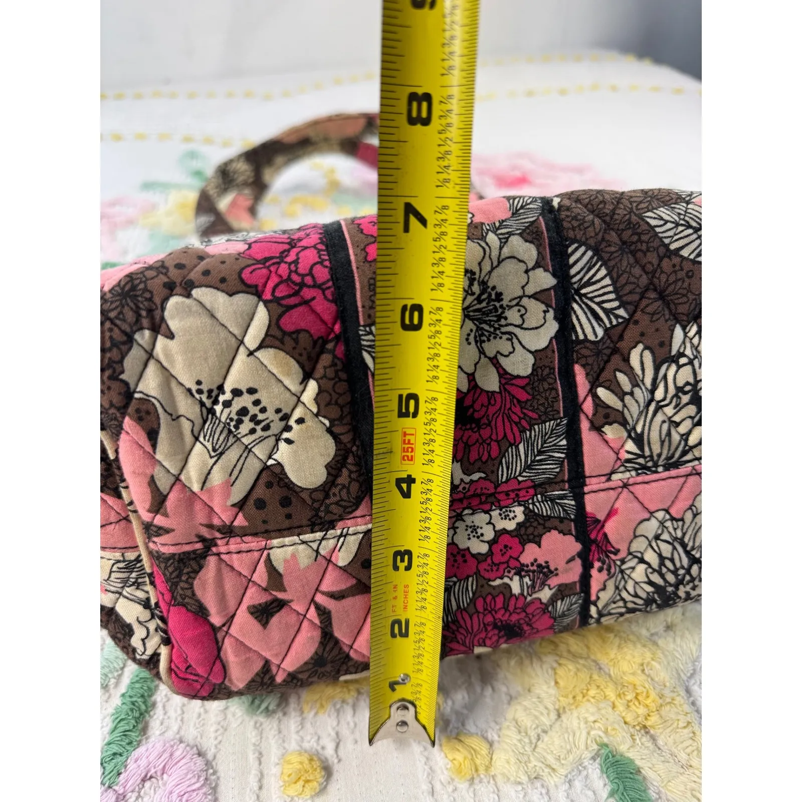 Vera Bradley Quilted Floral Shoulder‎ Bag Pink Brown White Tote Purse - Image 5