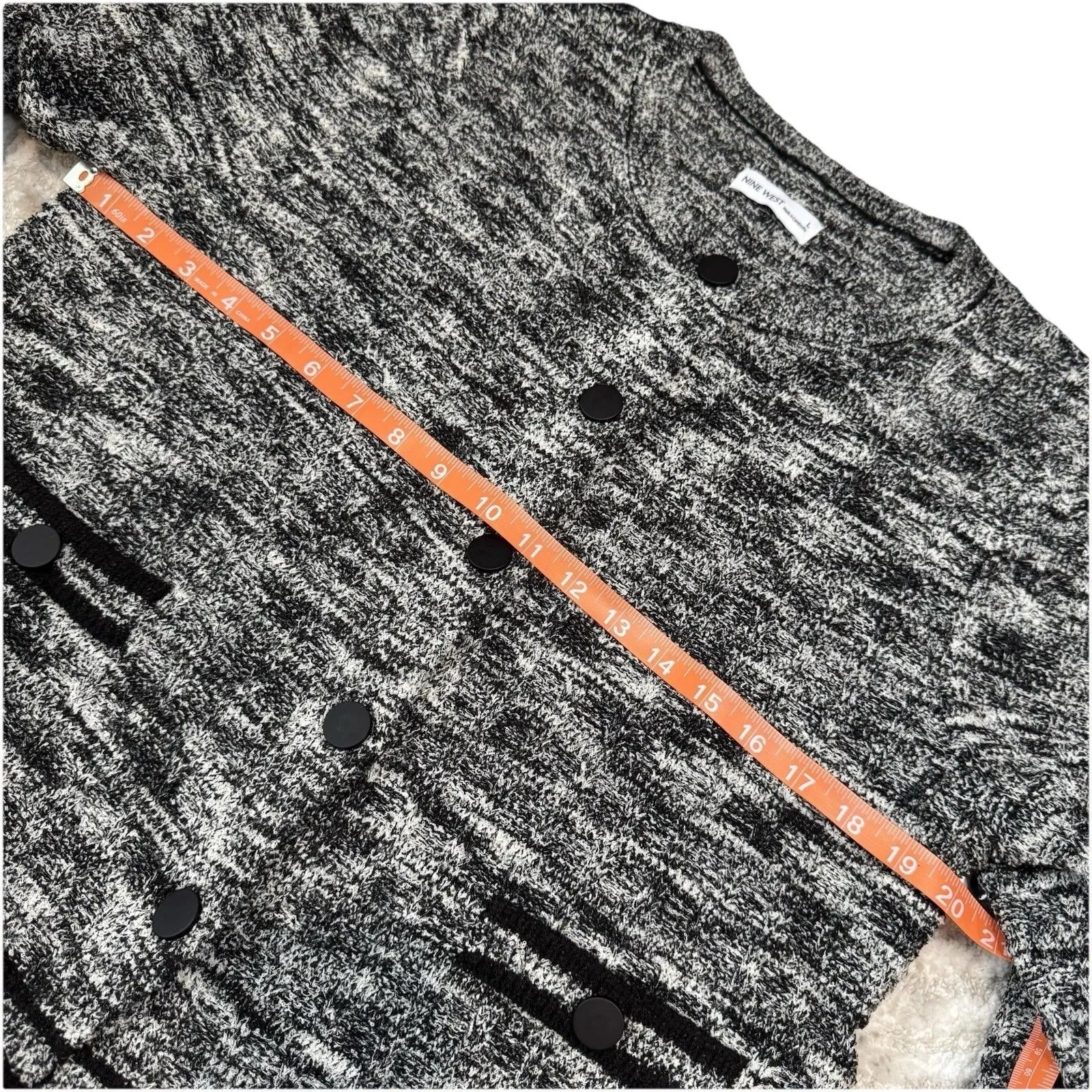 New Nine West Cardigan Sweater Size L Women's Gray Black Knit Buttons Pockets - Image 14
