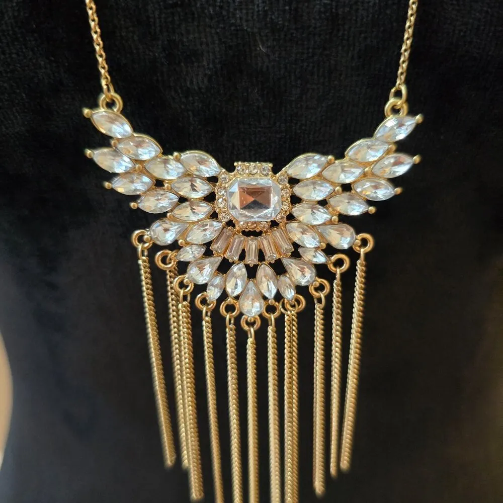 Womens Clear Rhinestone Tassel Pendant Gold Tone Chain Necklace w/ Lobster Clasp White - Image 2