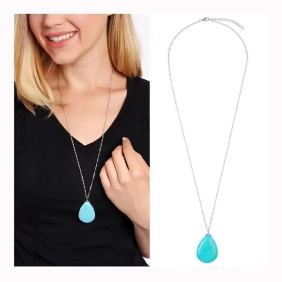 Simulated Turquoise Stone Long Necklace‎ Blue - Image 2