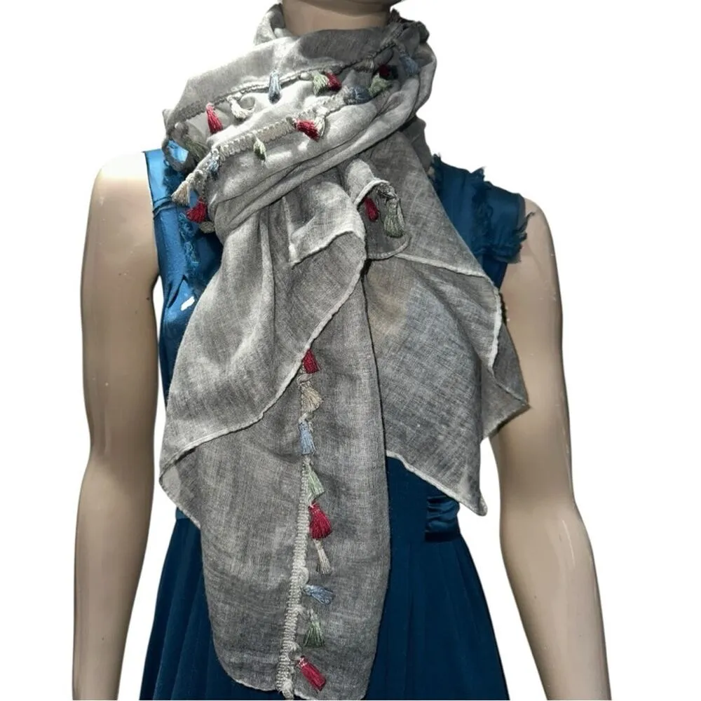 Lulla Collection by Bindya NWT Gray Viscose Tassel 28” x 36” Scarf Wrap - Image 2