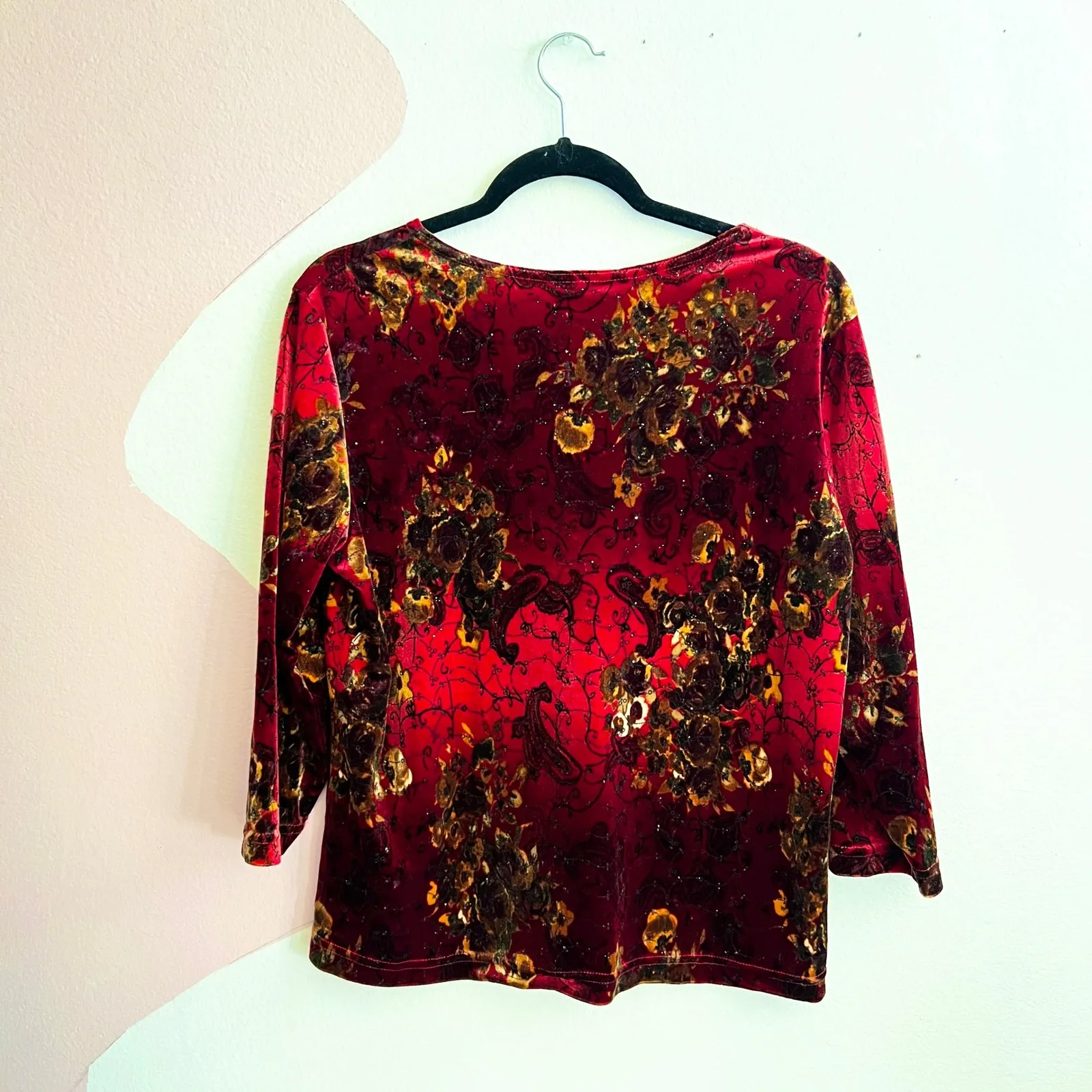 Vintage Velvet Floral Top Red Whimsigoth Retro Y2K 2000s Grunge Large - Image 2