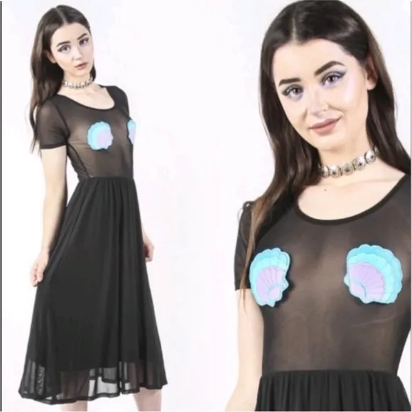 NEW! Iron Fist Mermaid For Life Sheer Black Midi Dress 3X Turquoise Blue Shells - Image 2