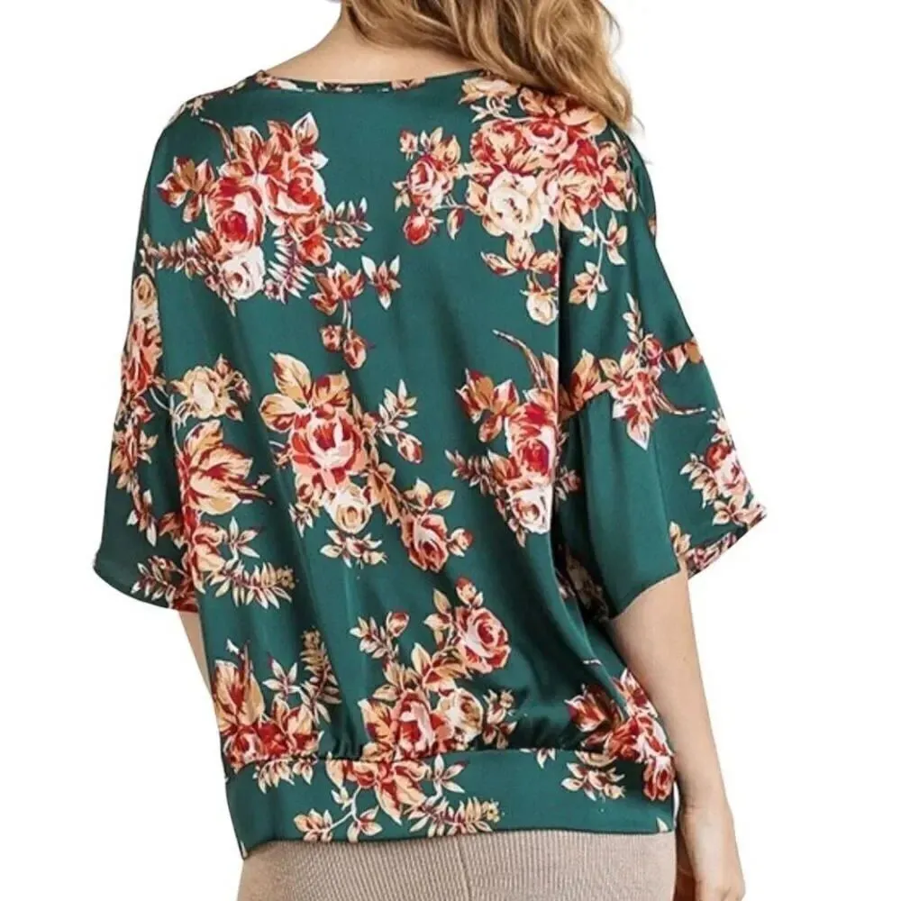 Umgee Satin Floral Print Bell Sleeve V-Neck Top in Emerald crisscross SZ L - Image 2