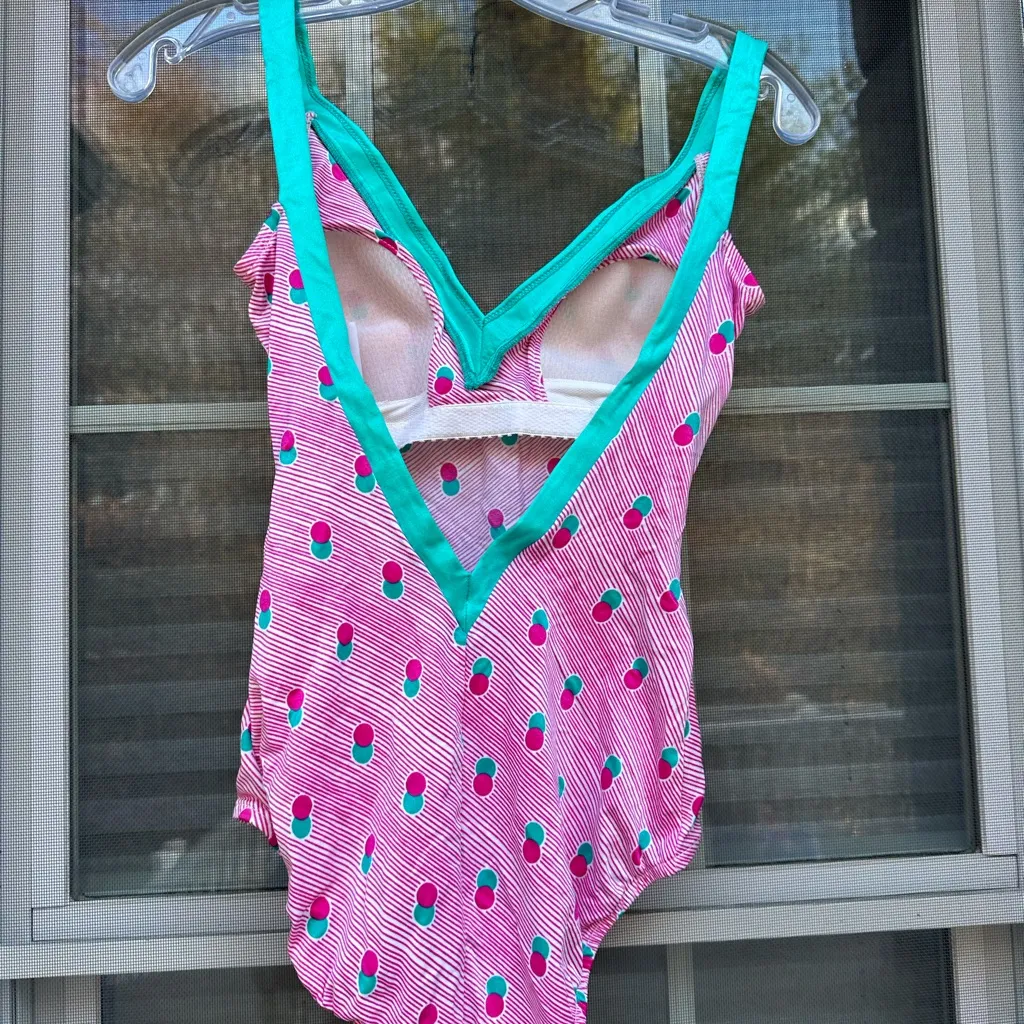 Vintage Gabar cherries/ striped Built in Bra One Piece Swimsuit US 8 Pink - Image 2