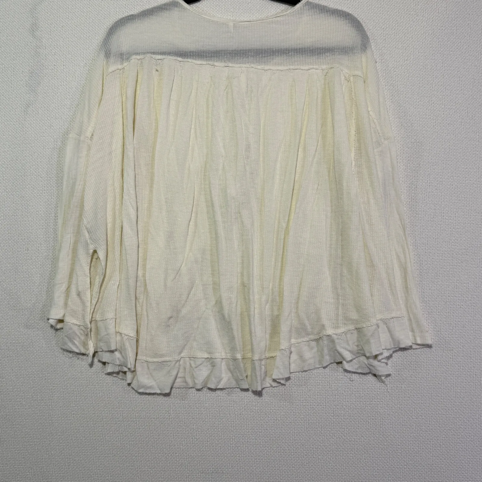 Free People Ivory Waffle Knit Henley Ruffle Hem Long Sleeve Top XS Flowy - Image 2