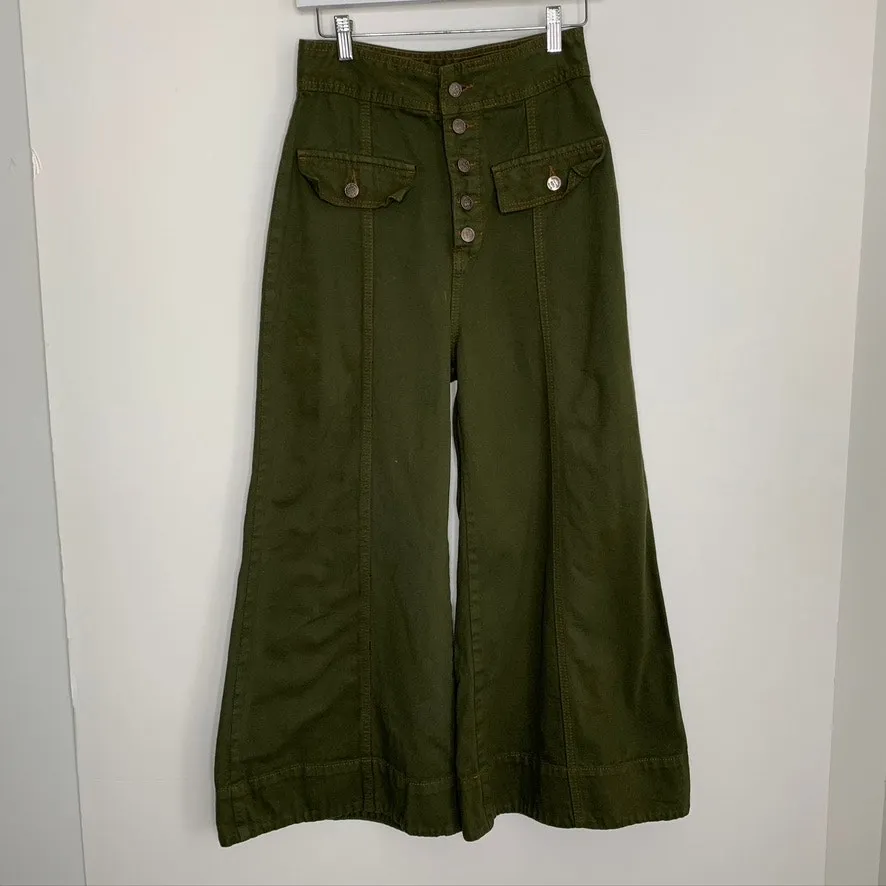 Farm Rio Wide Leg Pockets Twill Trousers Women's Size 38 Green Small - Image 2