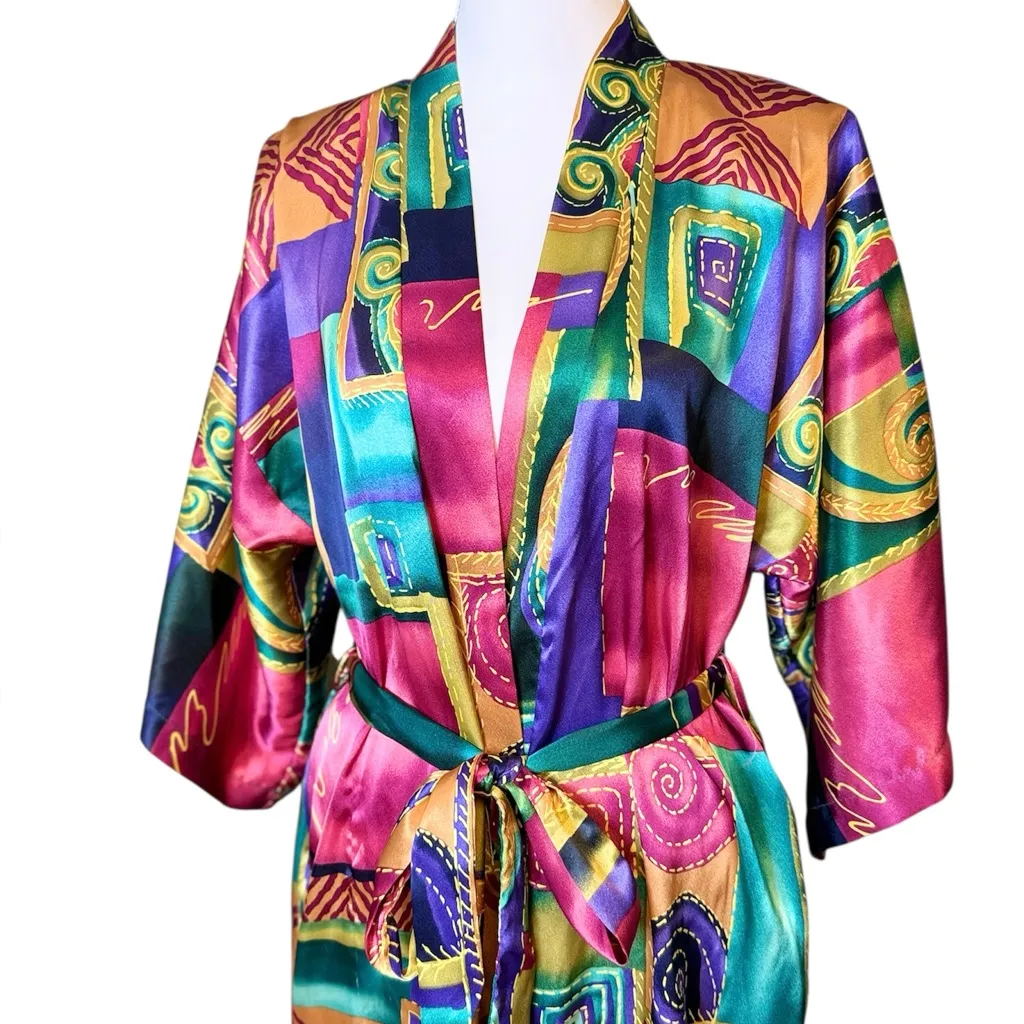 California Dynasty Vintage Satin Robe Kimono Belted Colorful Abstract S Small Purple - Image 2