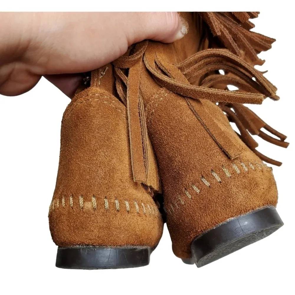 Minnetonka 3 Layer Fringe Brown Suede Boots - Image 5