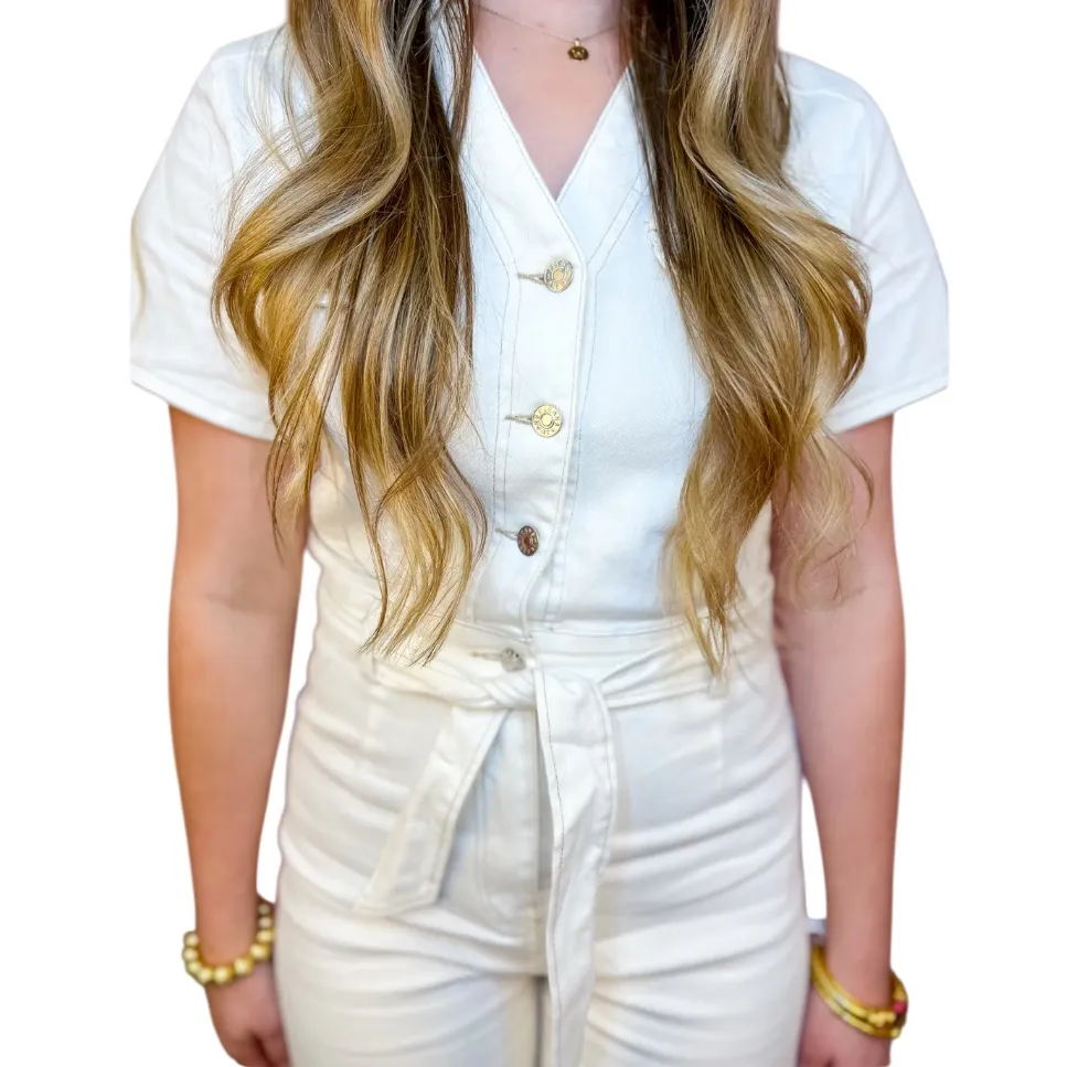 Vintage style White Button-Down Belted Denim Romper or Jumper by entro - Image 5