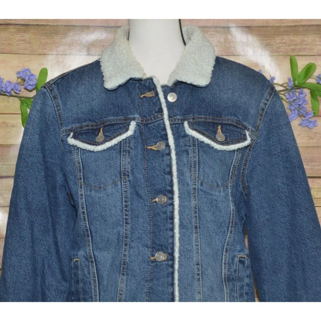 Time And Tru Denim Blue Jean Trucker Jacket Size S 4-6 Sherpa Lined Pockets Warm - Image 2