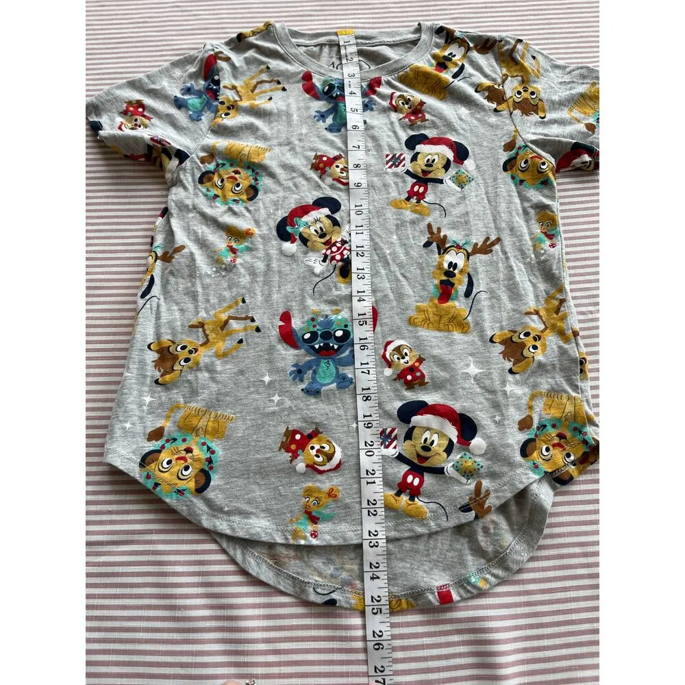 Disney 100 Christmas T-Shirt Juniors M Gray Mickey & Friends Festive Print - Image 7