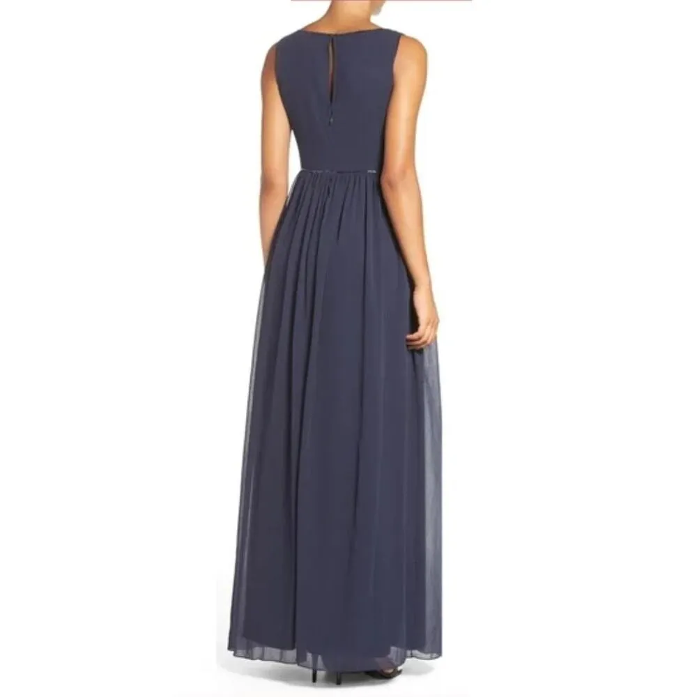 Adrianna Papell Embellished Bodice Chiffon Dress Full Length Gown Navy Blue 10 - Image 3