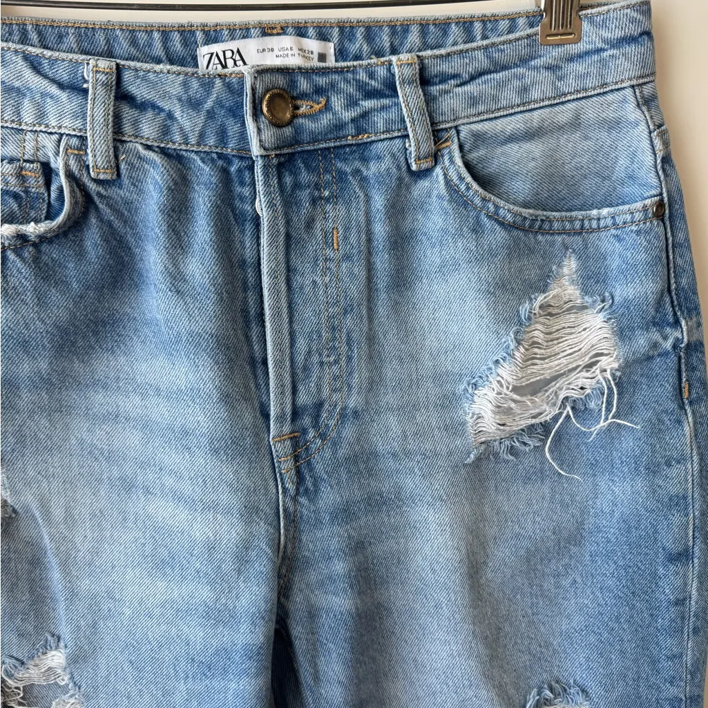 ZARA High Rise‎ Straight Mom Fit Ripped Distressed Mom Jeans Size 6 - Image 6