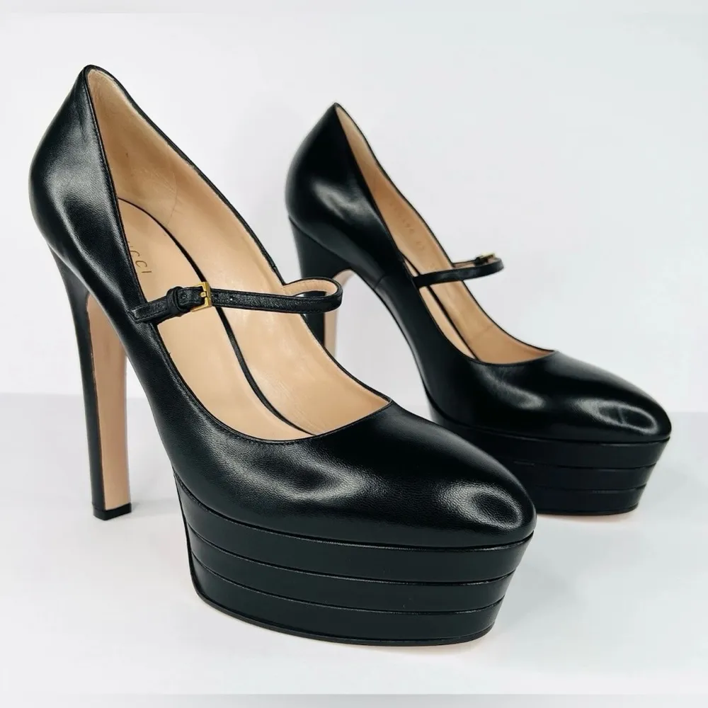 Gucci Plato Malaga Leather Platform Mary Jane Marmont Heel Pumps Size EU 40.5 - Image 3
